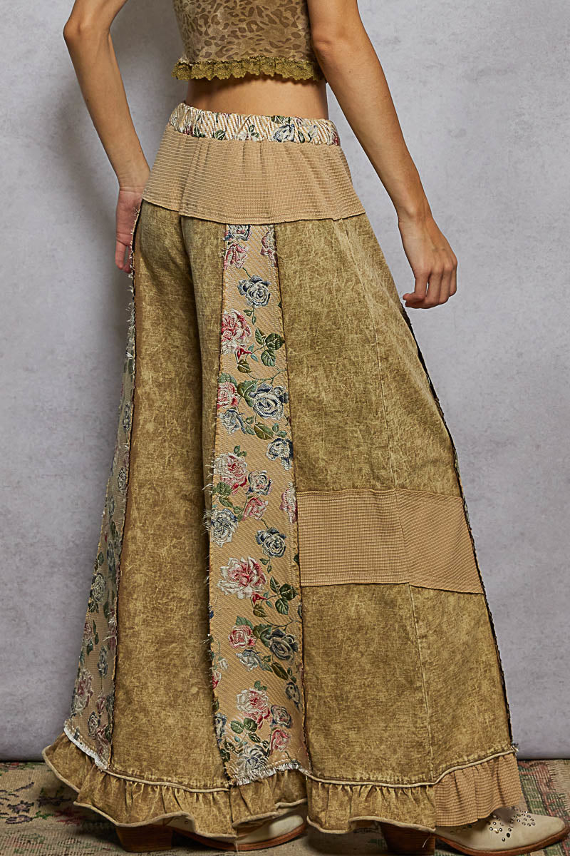 Dusty Choco French Terry Patchwork Pants with Ruffle Hem