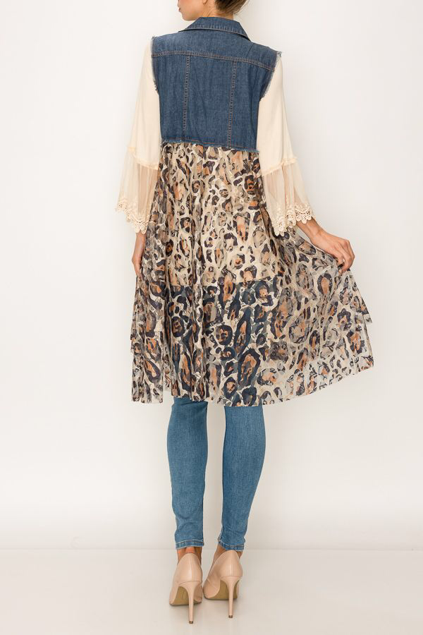 Origami Apparel ~ Lace and Crochet inspired - Chic Cropped Denim Lace Layer Vest- DENIM/LEO