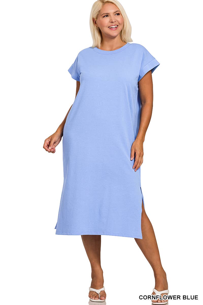 Cornflower Blue Round Neck Short Sleeve Midi Dress