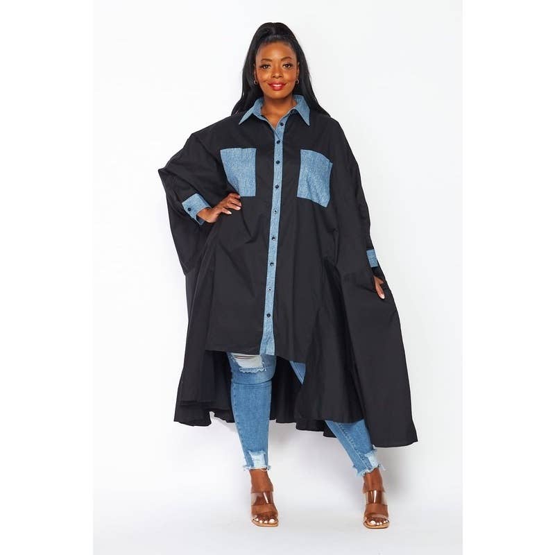 Denim & Black Color-Block Button Down Loose Fit Shirt Dress