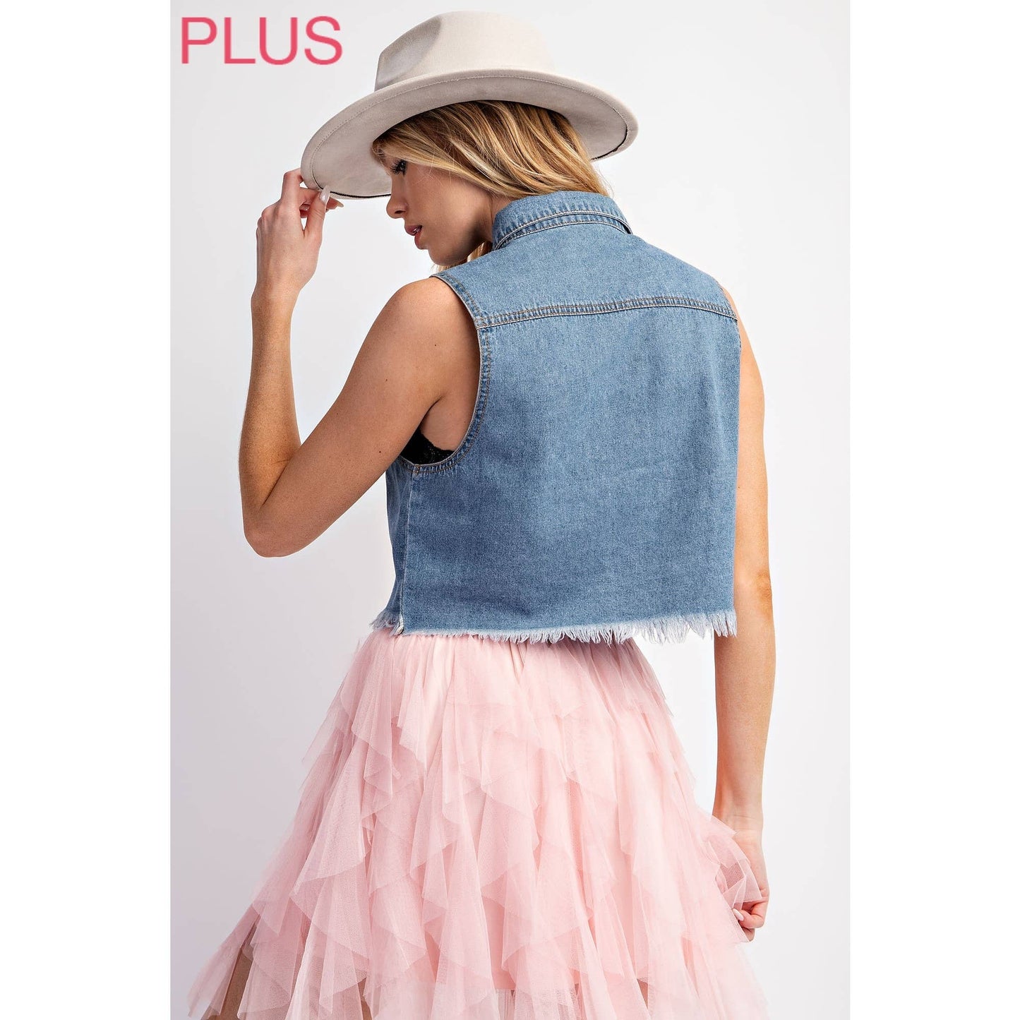 Sweet Generis - CURVY MEDIUM DENIM WASHED CROP VEST
