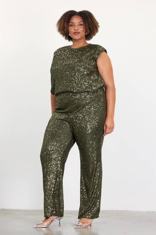 SKIES ARE BLUE - Curvy Olive Sequin Long Pants