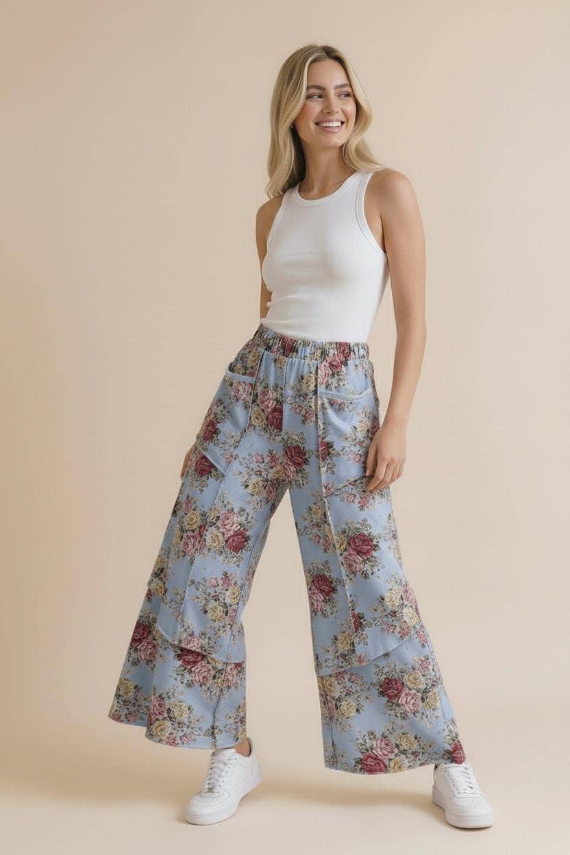 Light Blue Wide Leg Vintage Floral Pant