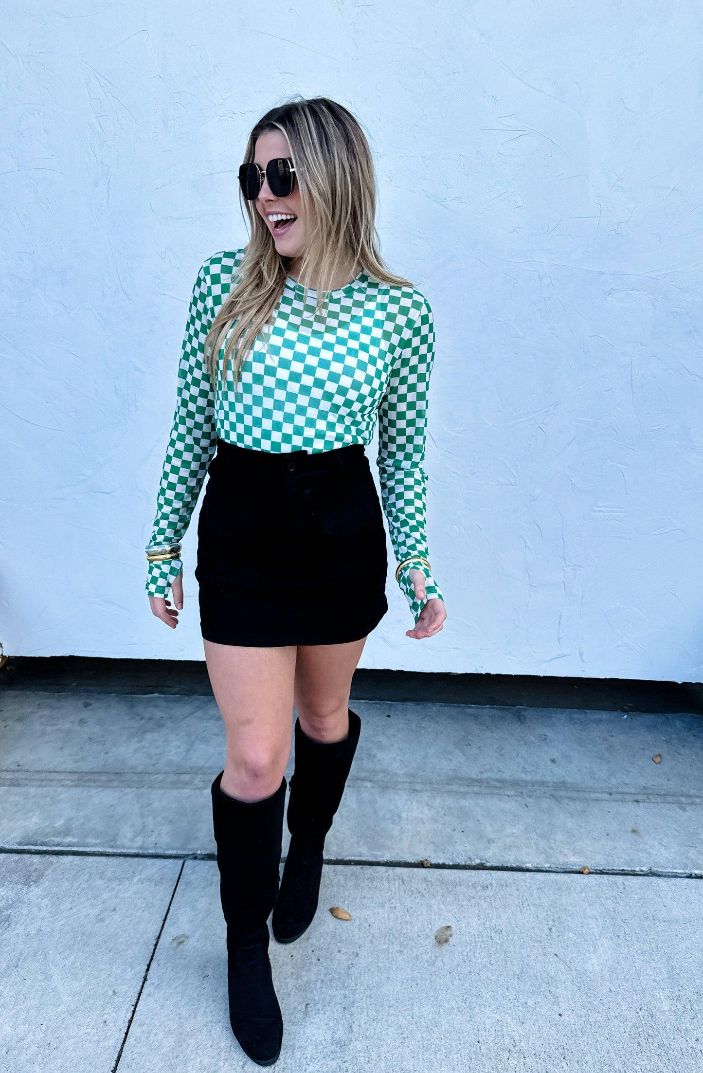 BLAKELEY - GREEN CHECKER DRESS IT UP MESH TOP