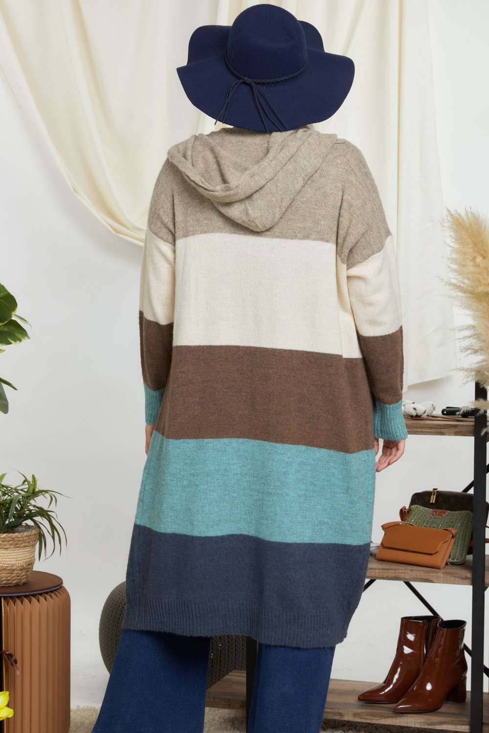 CURVY COLOR BLOCK HOODIE OPEN LONGLINE CARDIGAN