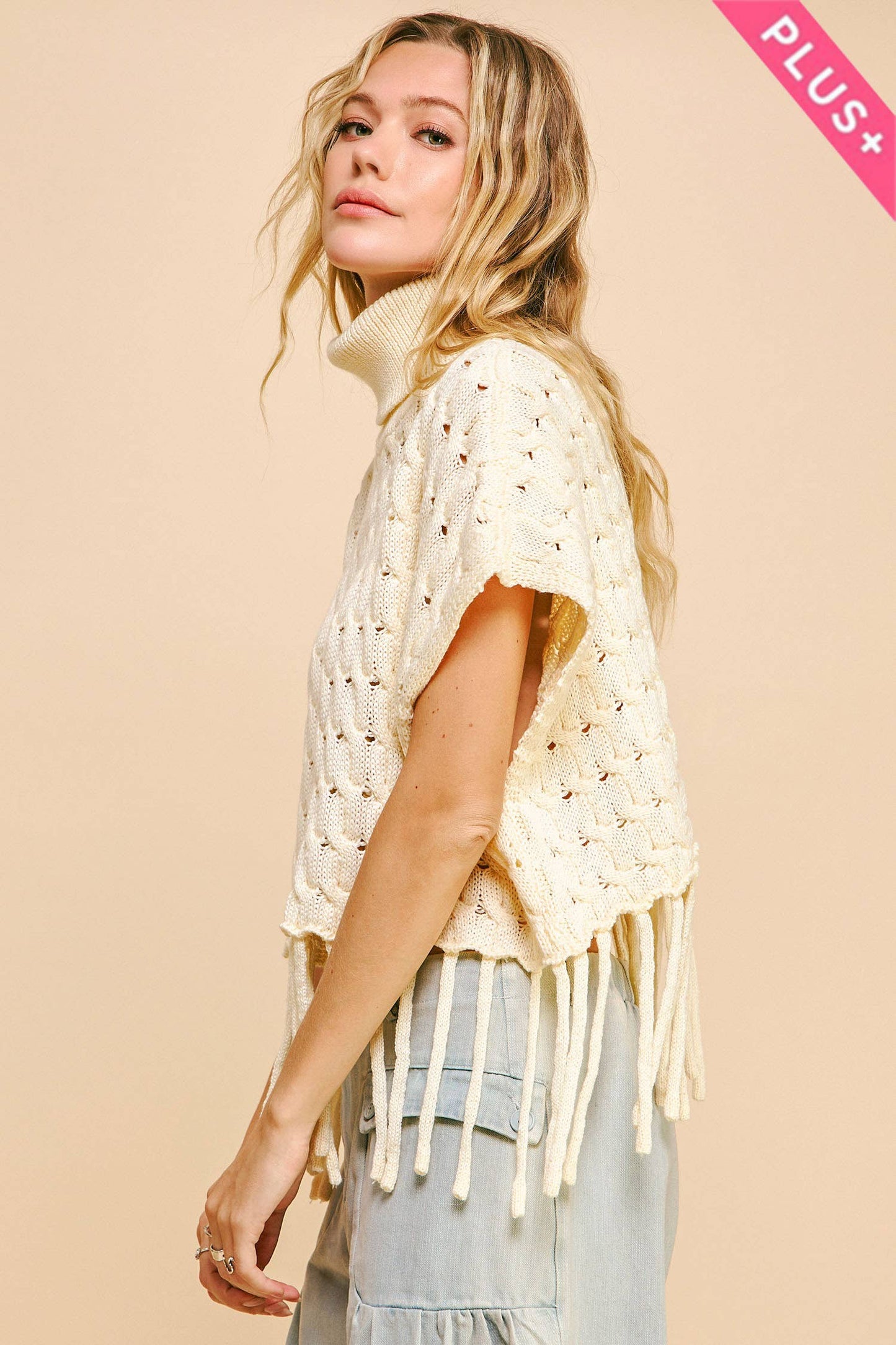 Cream Fringed Hem Turtleneck Sweater by Davi & Dani