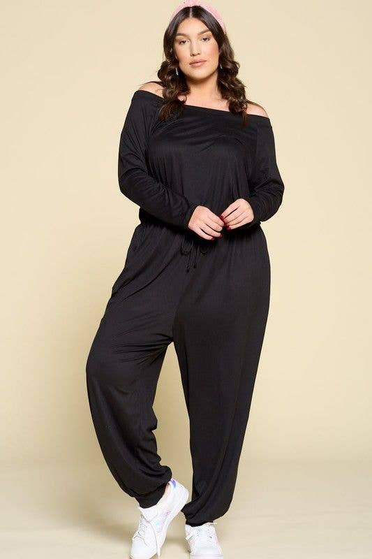 Curvy Black Off Shoulder Casual Jumpsuit
