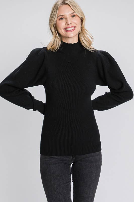 Black Mock Neck Solid Sweater by GeeGee