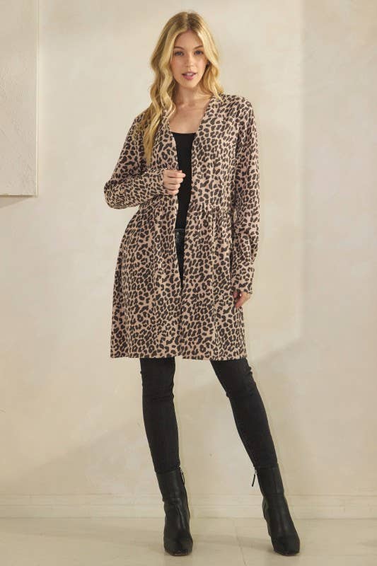 CURVY ANIMAL PRINT RIBBED BABY-DOLL CARDIGAN