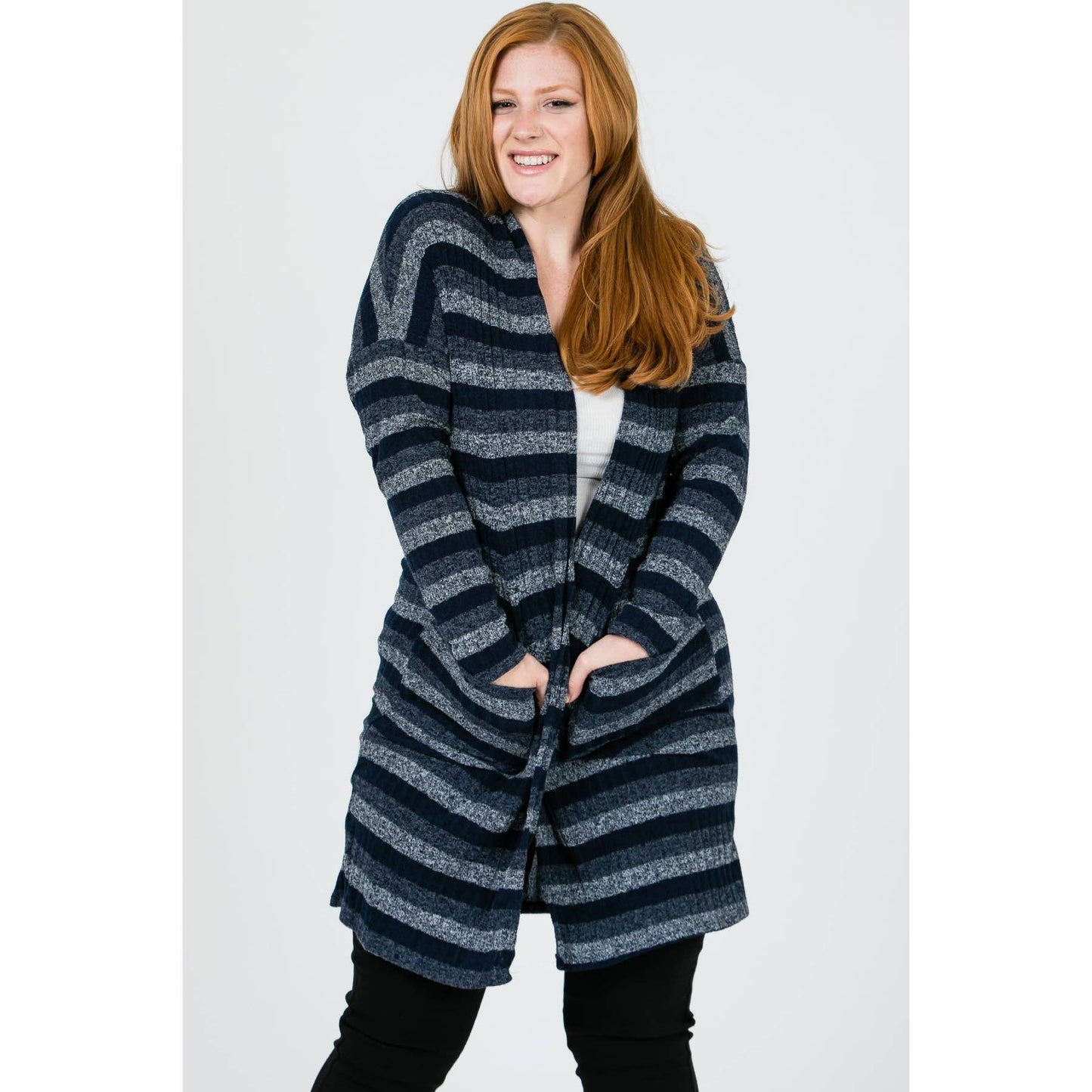 TEAL STRIPE KNIT LONG SLEEVE CARDIGAN