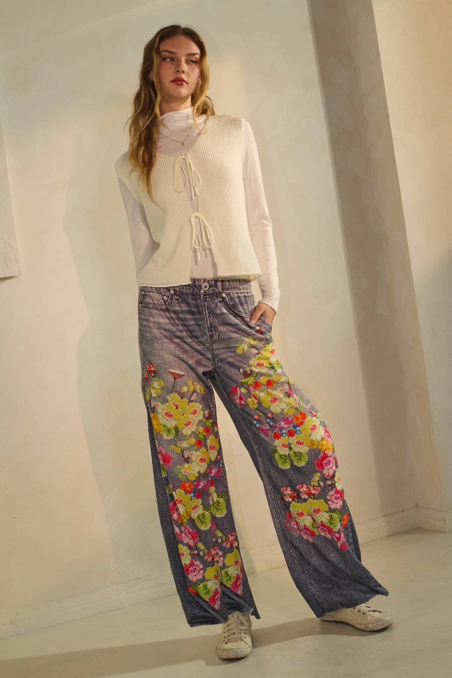 The Curvy Floral & Faux Denim Printed Wide Pants