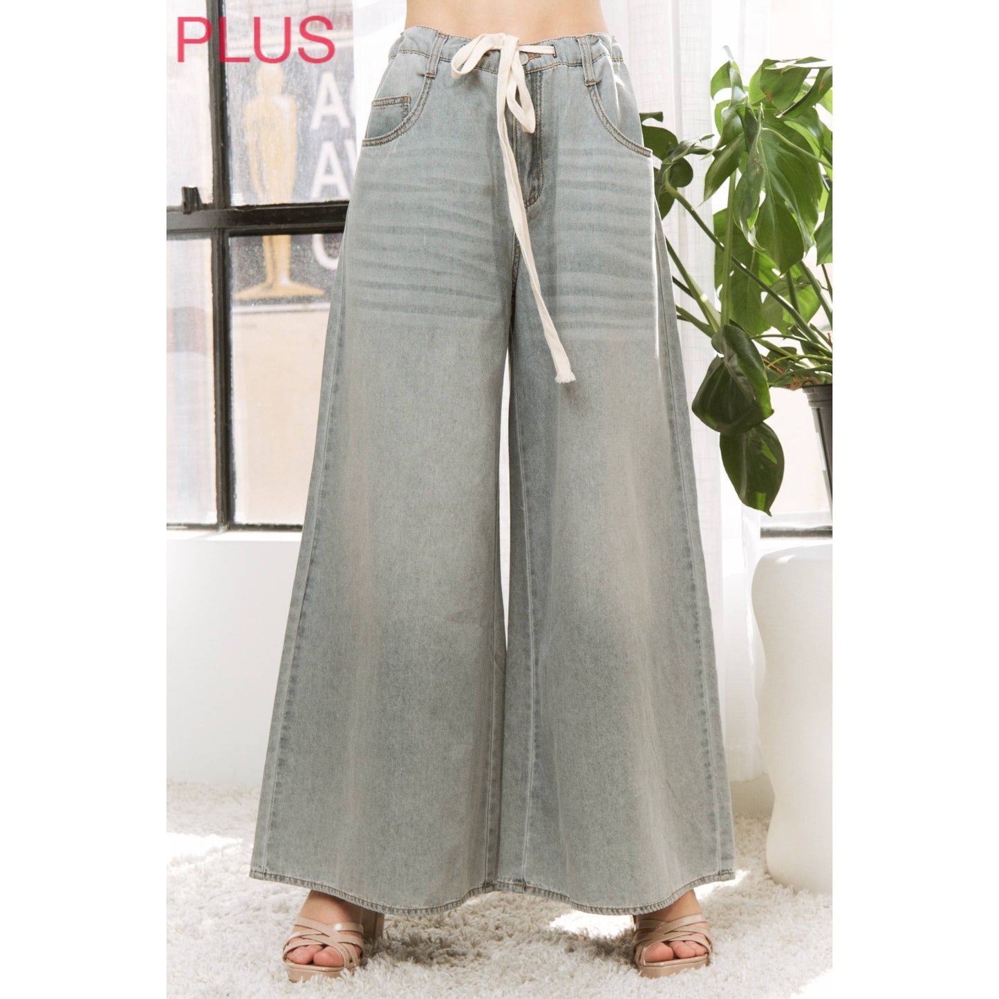 Sweet Generis - DENIM WIDE LEG OPENING PANTS WITH DRAWSTRING