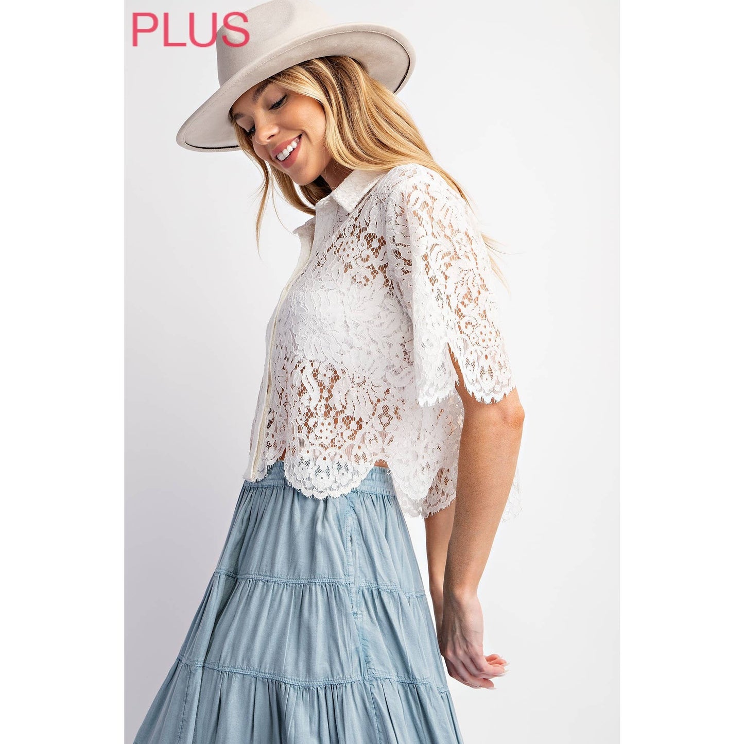 CURVY SCALLOP LACE CROP SHIRT WITH SHORT SLEEVE
