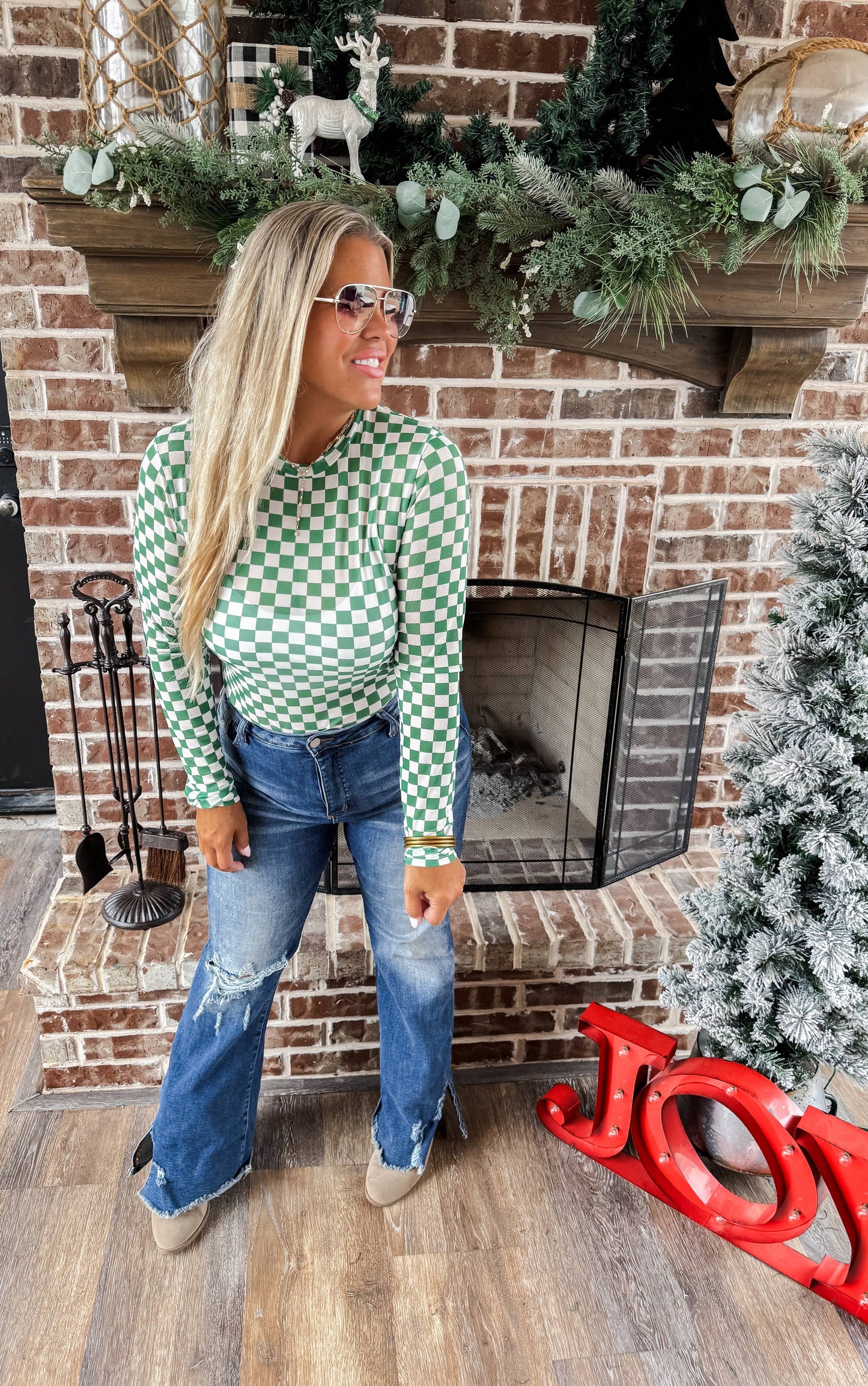 BLAKELEY - GREEN CHECKER DRESS IT UP MESH TOP