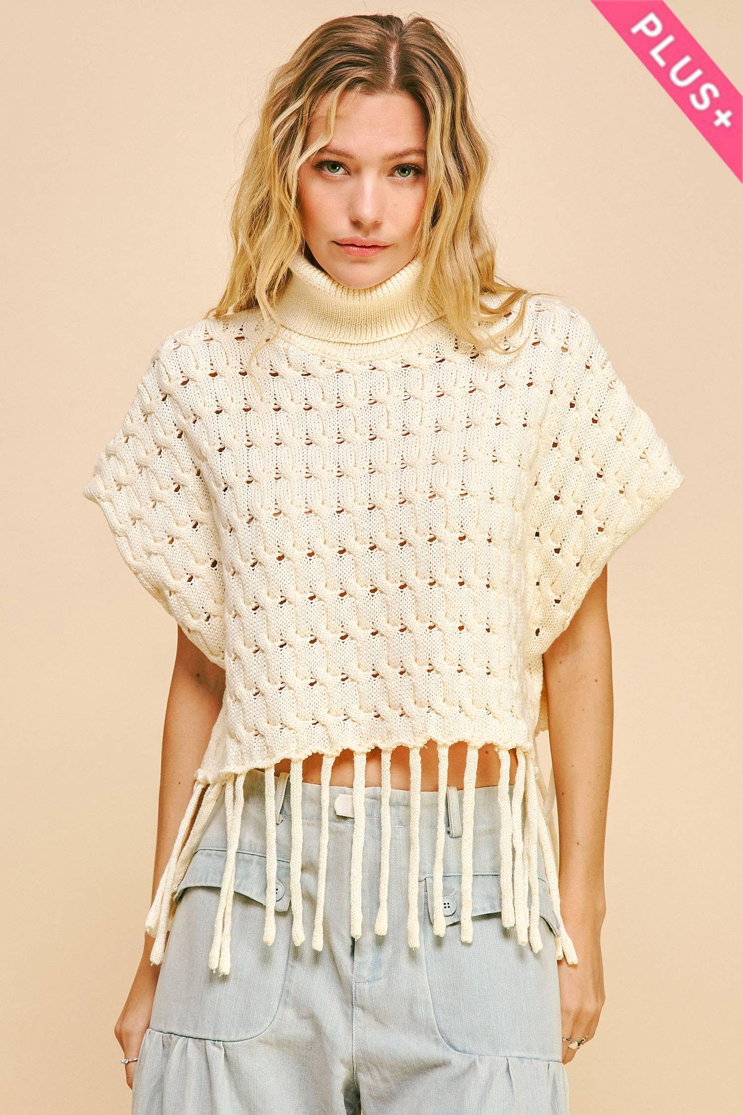 Cream Fringed Hem Turtleneck Sweater by Davi & Dani