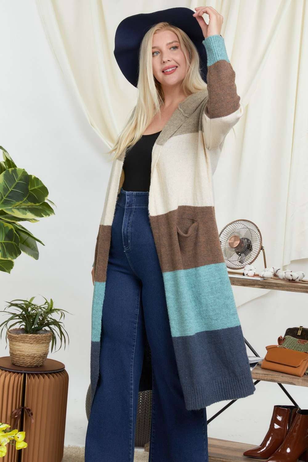 CURVY COLOR BLOCK HOODIE OPEN LONGLINE CARDIGAN