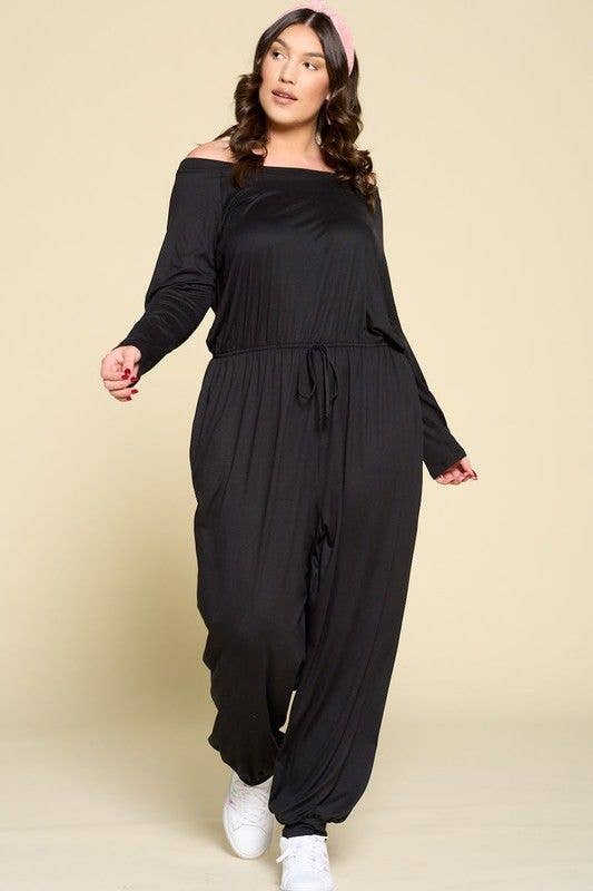 Curvy Black Off Shoulder Casual Jumpsuit