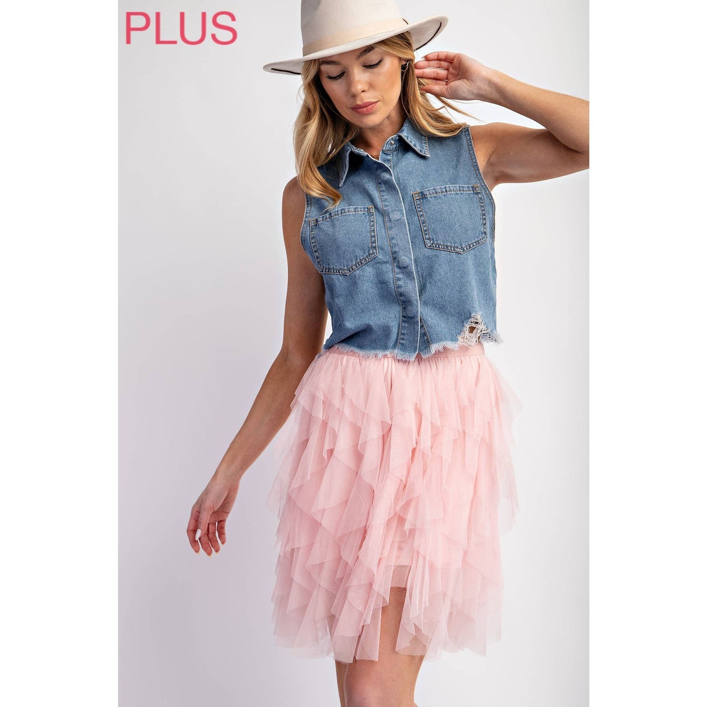 Sweet Generis - CURVY MEDIUM DENIM WASHED CROP VEST