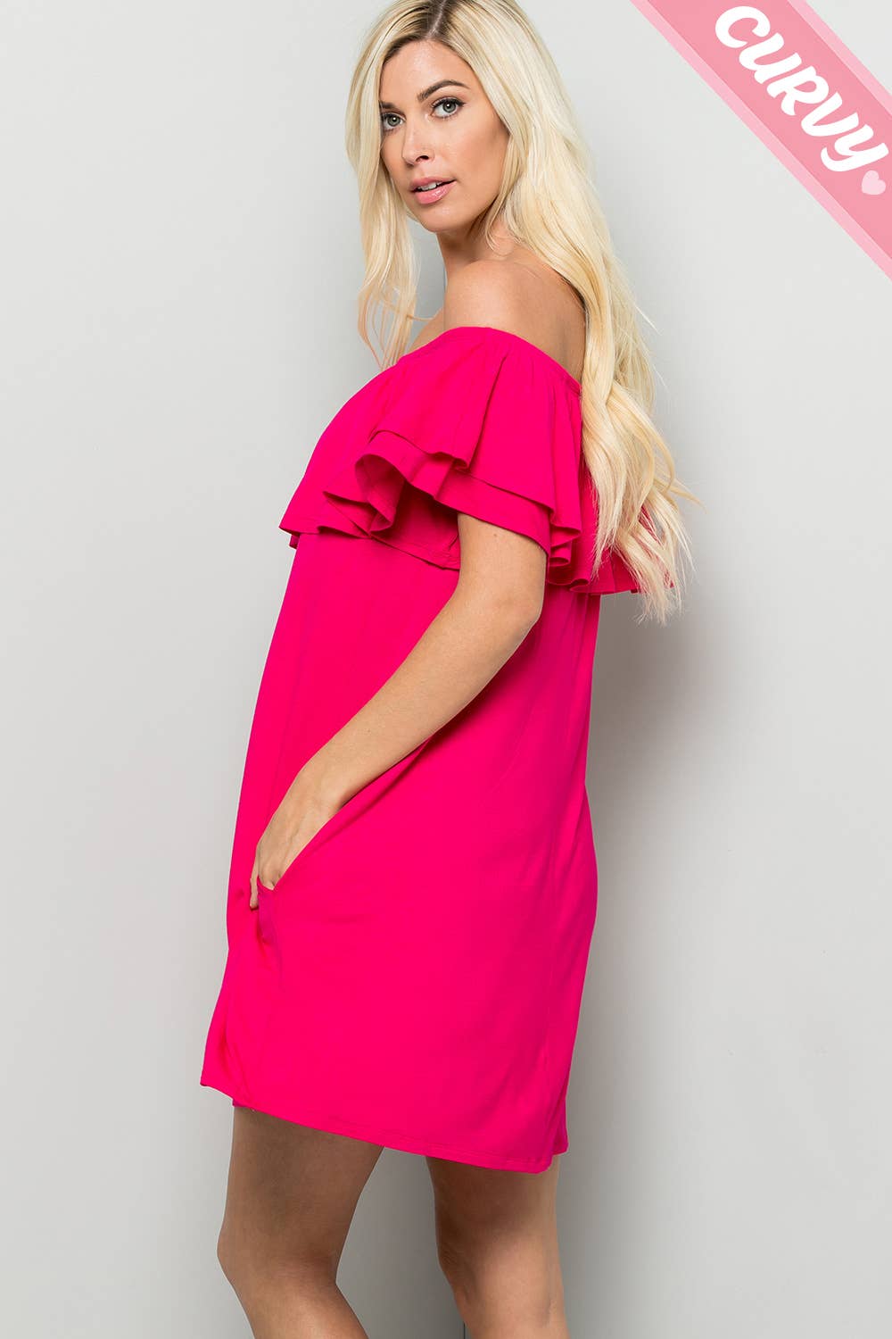 Sweet Lovely by Jen - FUSCHIA CURVY OFF SHOULDER JERSEY DRESS
