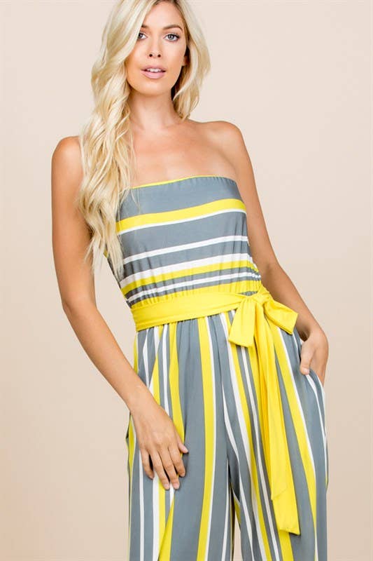 Curvy Yellow Multi Striped Strapeless Jumpsuit