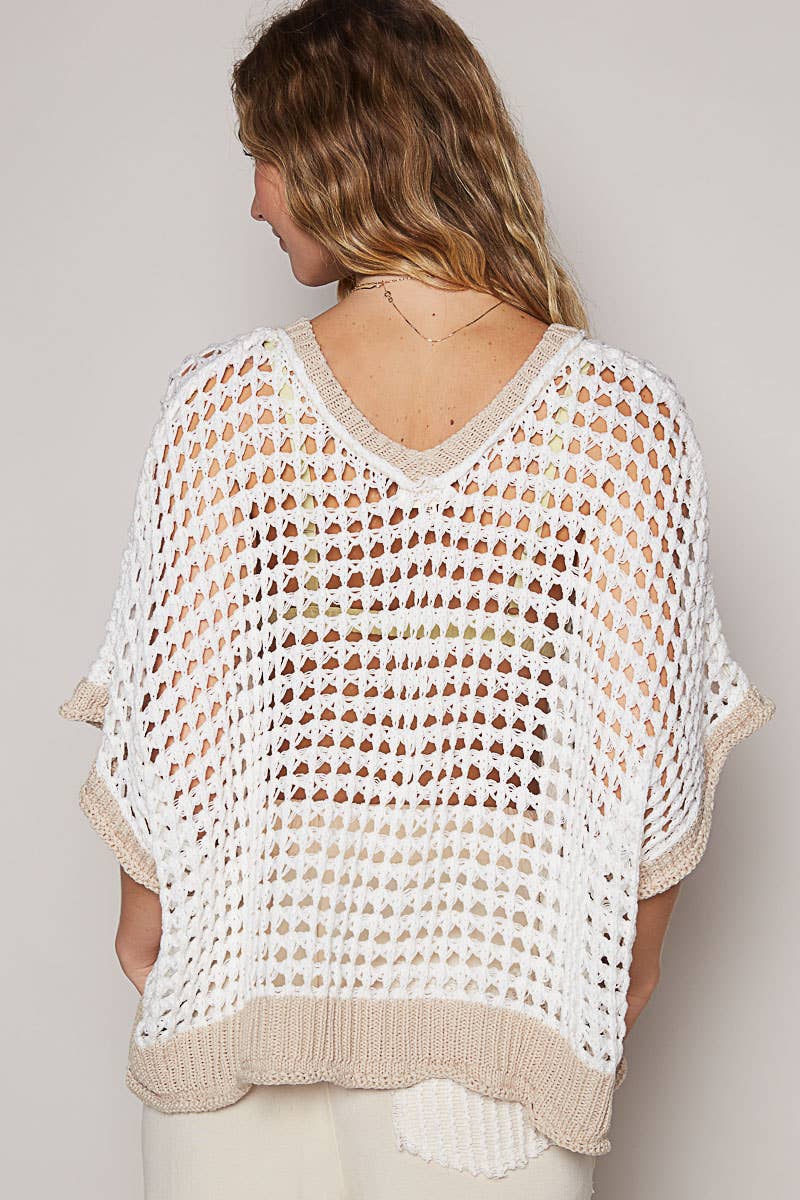 Pol Clothing - Oversize V-neck short sleeve peace sign sweater