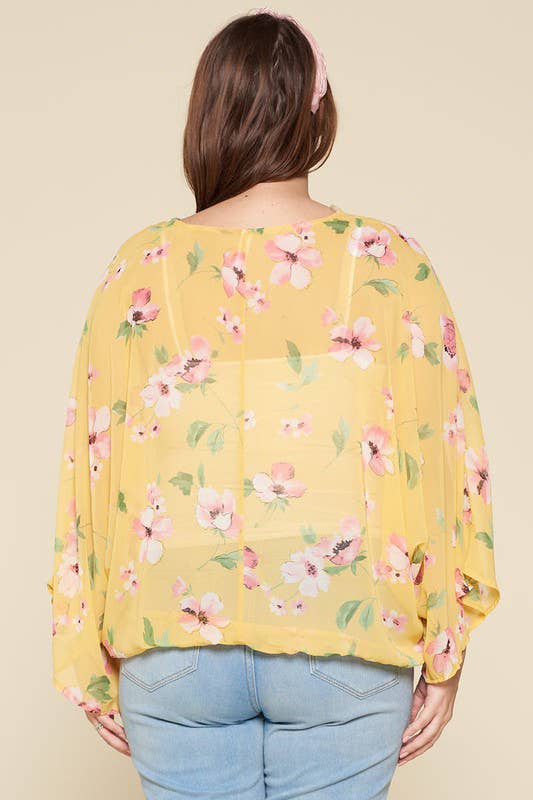 Yellow Floral Chiffon Surplice Top