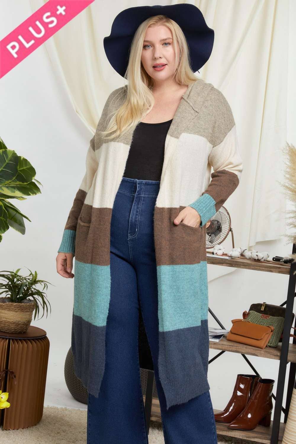 CURVY COLOR BLOCK HOODIE OPEN LONGLINE CARDIGAN