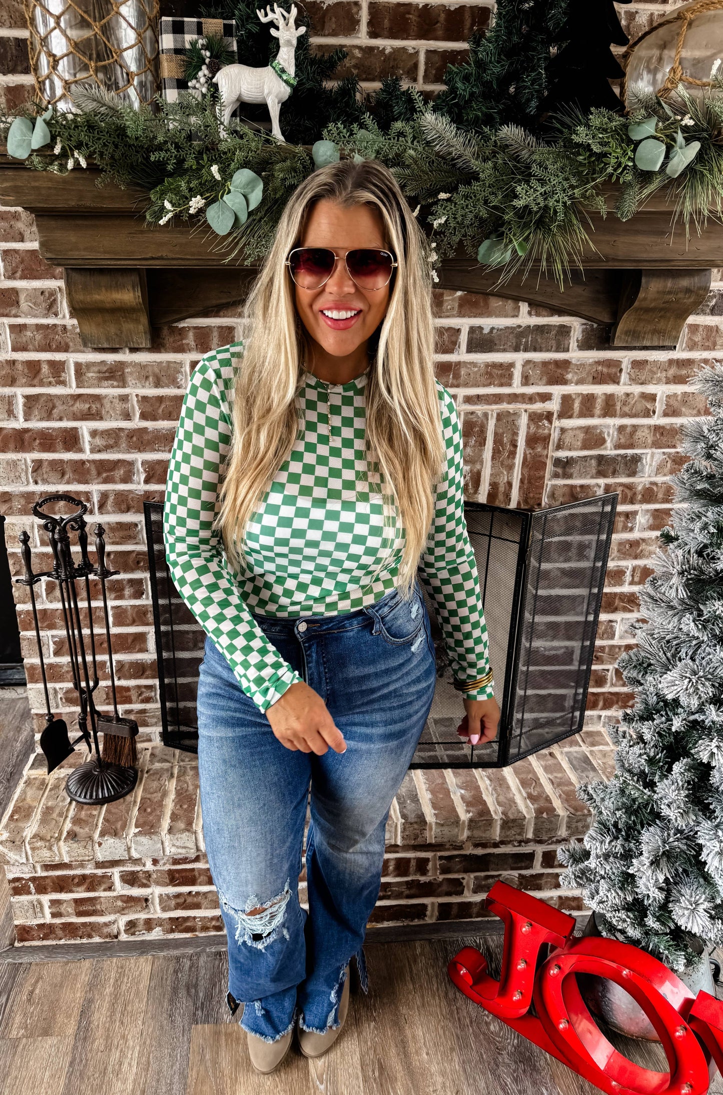 BLAKELEY - GREEN CHECKER DRESS IT UP MESH TOP