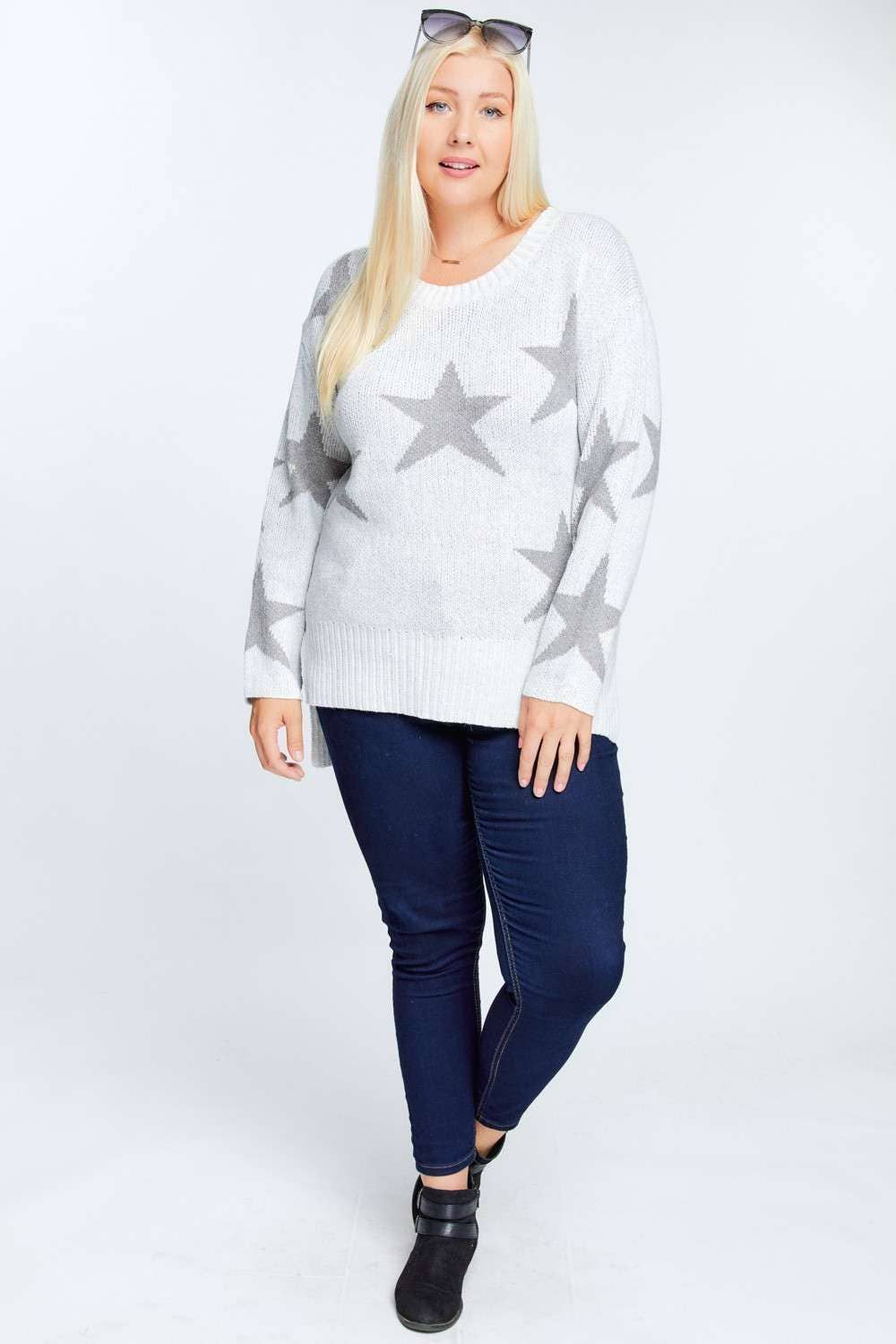 STAR PRINT LONG SLEEVE ROUND NECK SWEATER