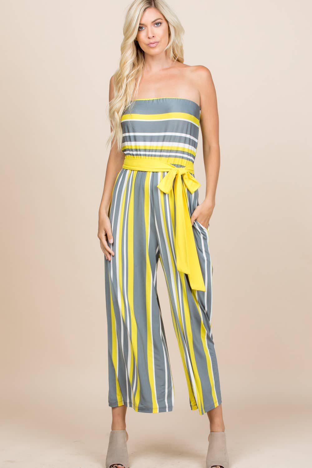 Curvy Yellow Multi Striped Strapeless Jumpsuit