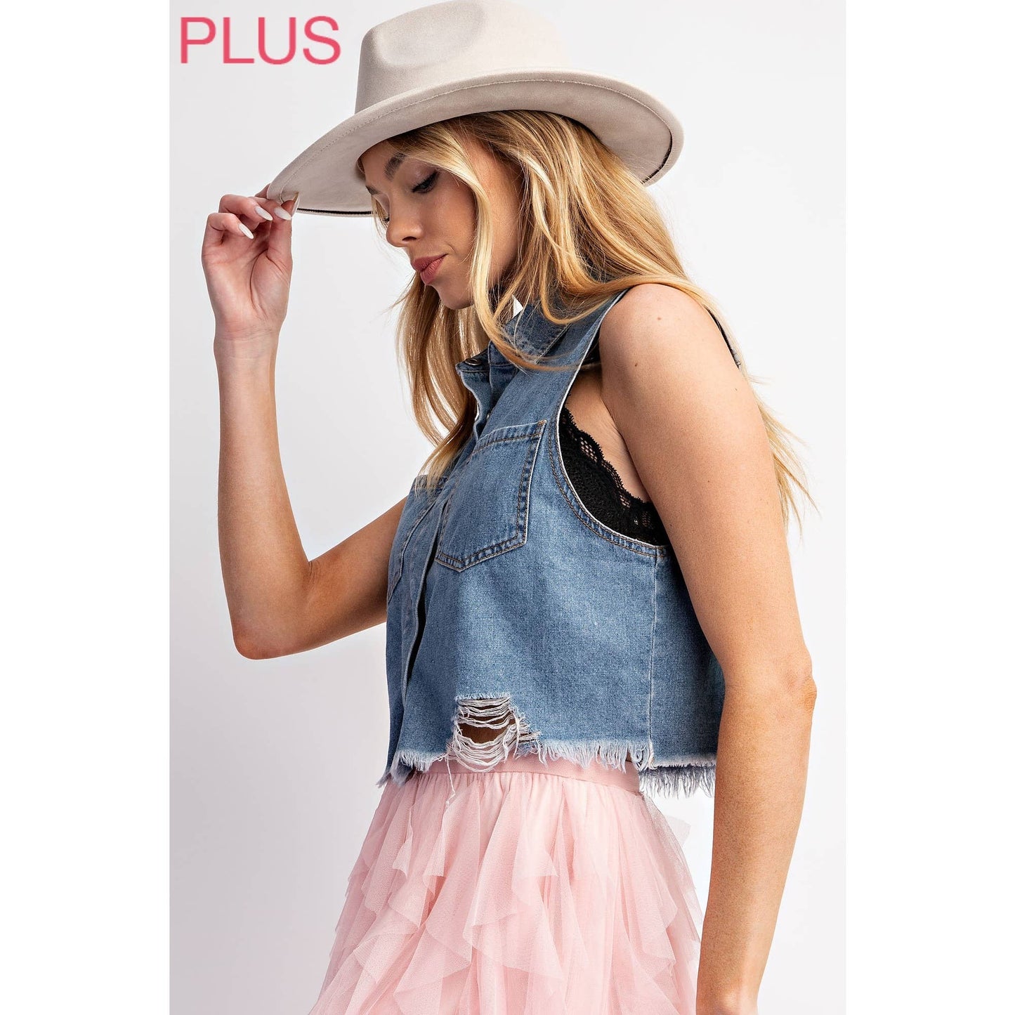 Sweet Generis - CURVY MEDIUM DENIM WASHED CROP VEST