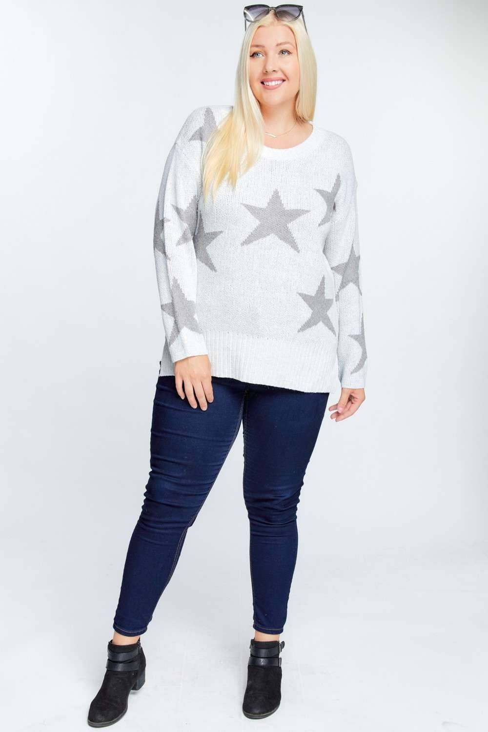 STAR PRINT LONG SLEEVE ROUND NECK SWEATER