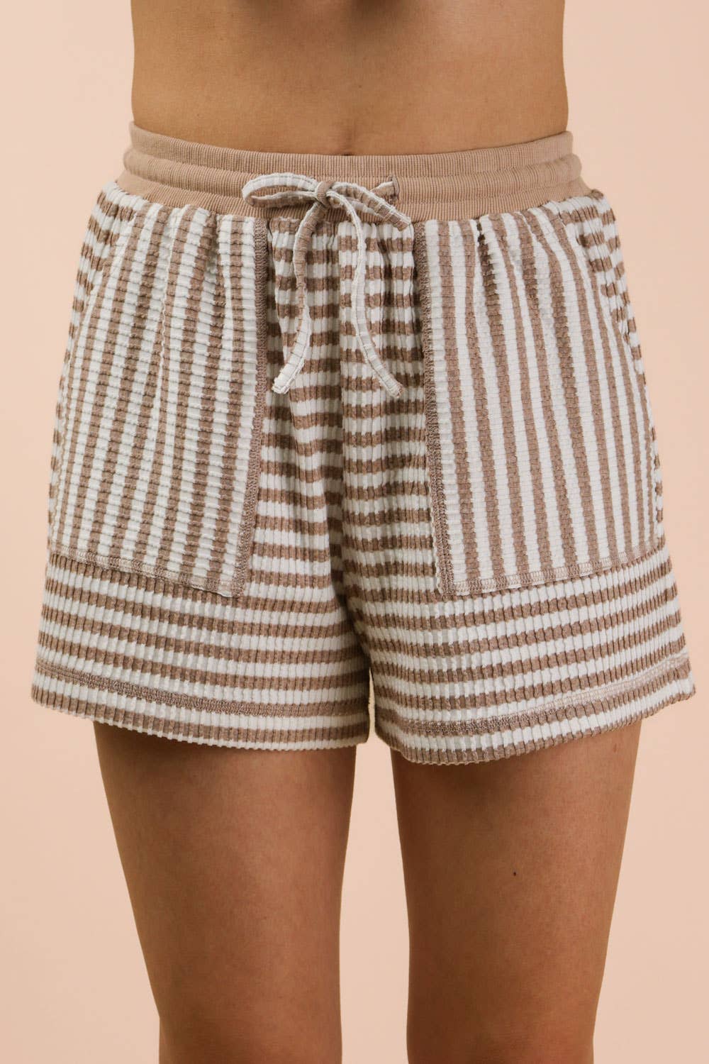 White/Oatmeal Striped Comfy Knit Top & Shorts Set