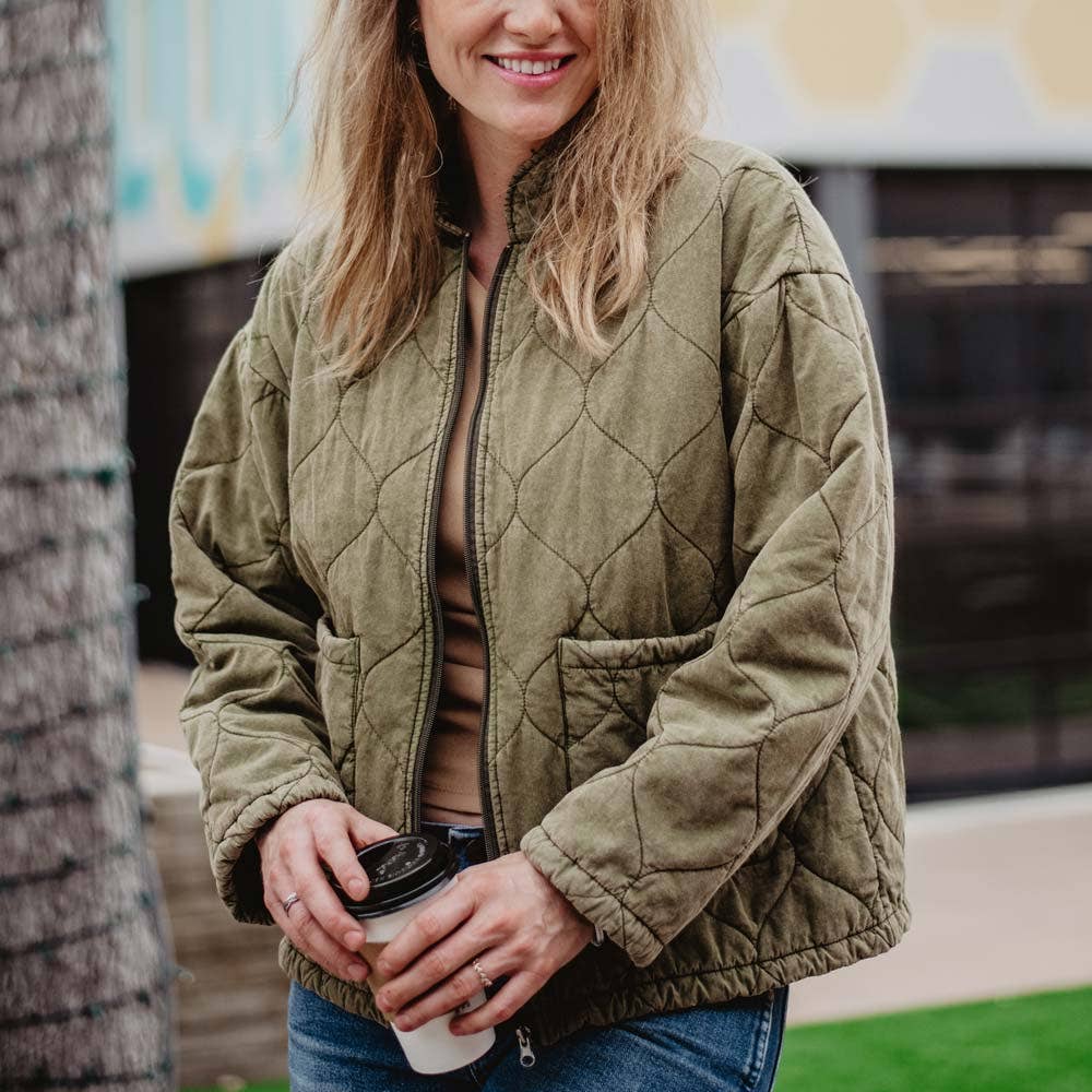 Olive Garment Washed Quilted Jacket-Large
