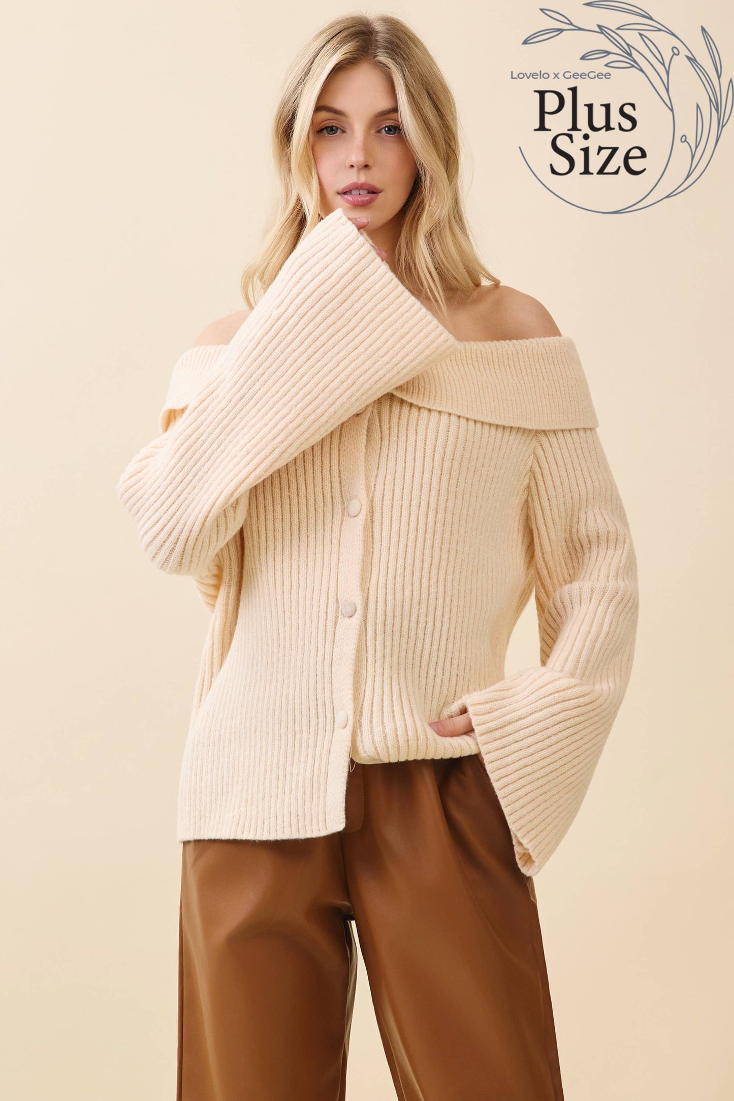 Cream- Curvy Elegant Off-Shoulder Ribbed Knit Top