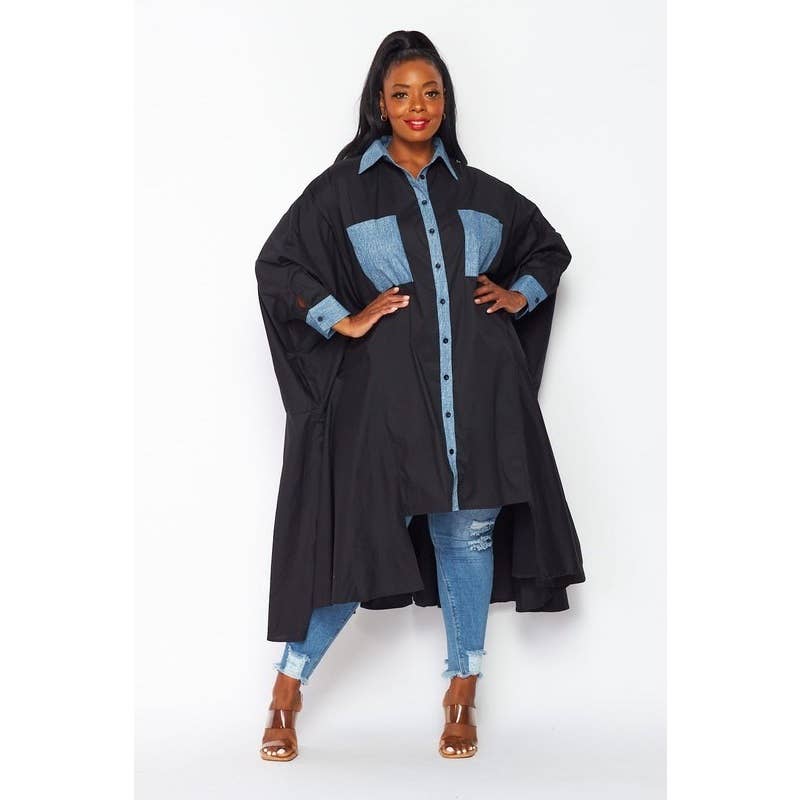 Denim & Black Color-Block Button Down Loose Fit Shirt Dress