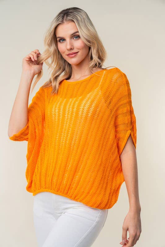 WB- Orange Half Sleeve Solid Knit Sweater Top