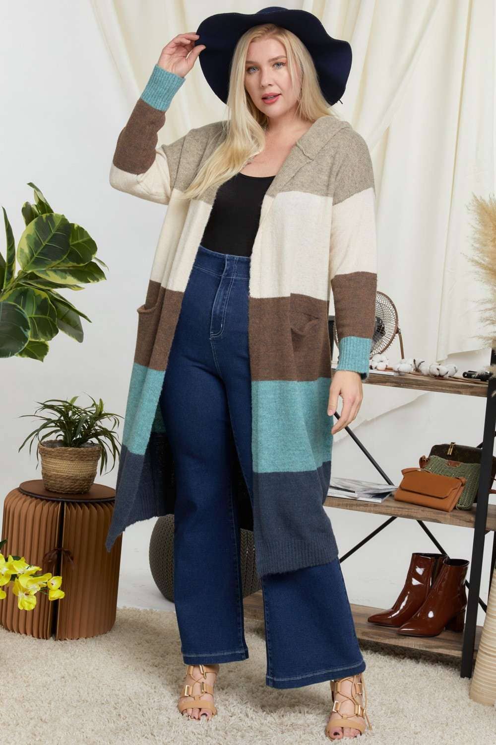 CURVY COLOR BLOCK HOODIE OPEN LONGLINE CARDIGAN