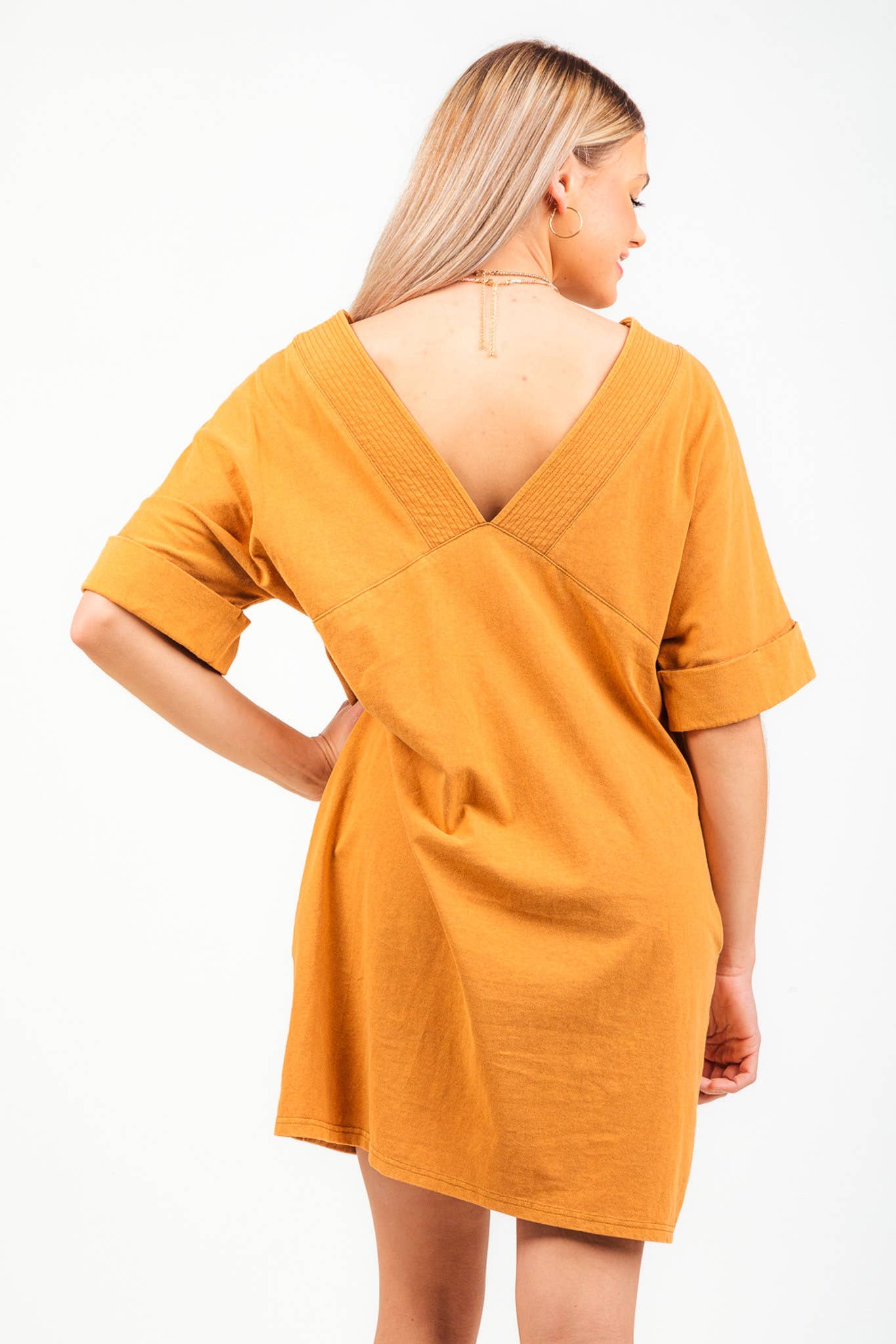 Camel Half Sleeve Acid Wash Dress