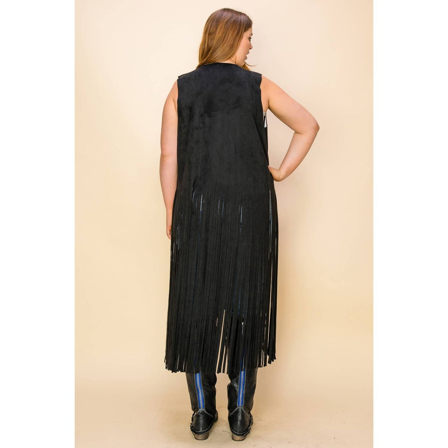 BLACK CURVY SUEDE COWGIRL LONG FRINGE SLEEVELESS CARDIGAN