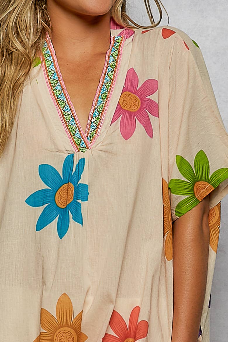 Pol Clothing - 1/2 Sleeve V neck Beads Trim Floral Printed Woven Dress