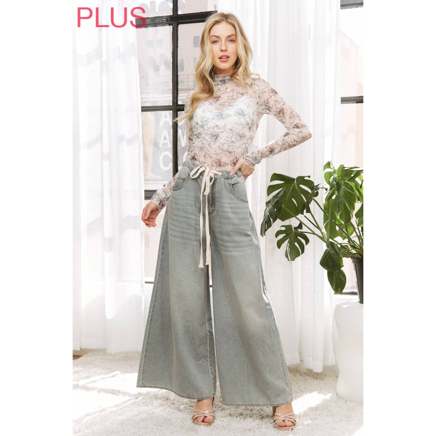 Sweet Generis - DENIM WIDE LEG OPENING PANTS WITH DRAWSTRING