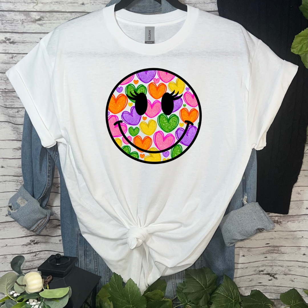 Duck Creations - Colorful Hearts Smiley Face T-Shirt