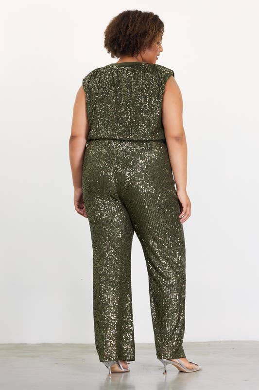 SKIES ARE BLUE - Curvy Olive Sequin Long Pants