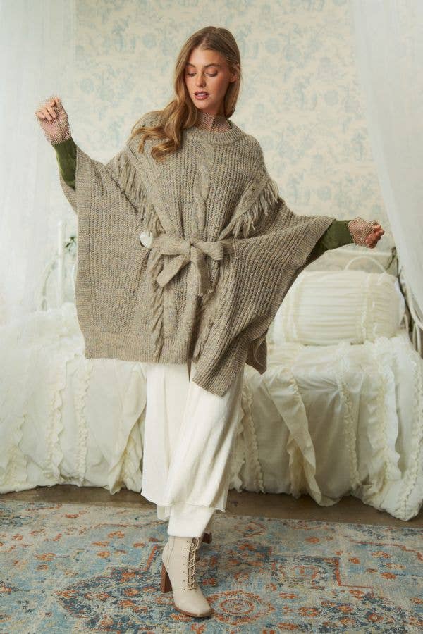 CURVY FRINGED TIE BELT FUZZY PONCHO PULLOVER TOP
