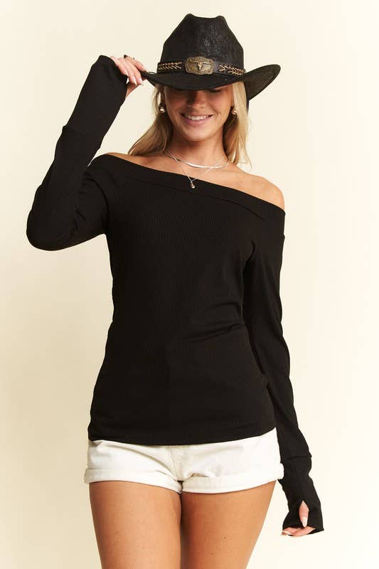 Black- Curvy Solid Ribbed Off Shoulder Top
