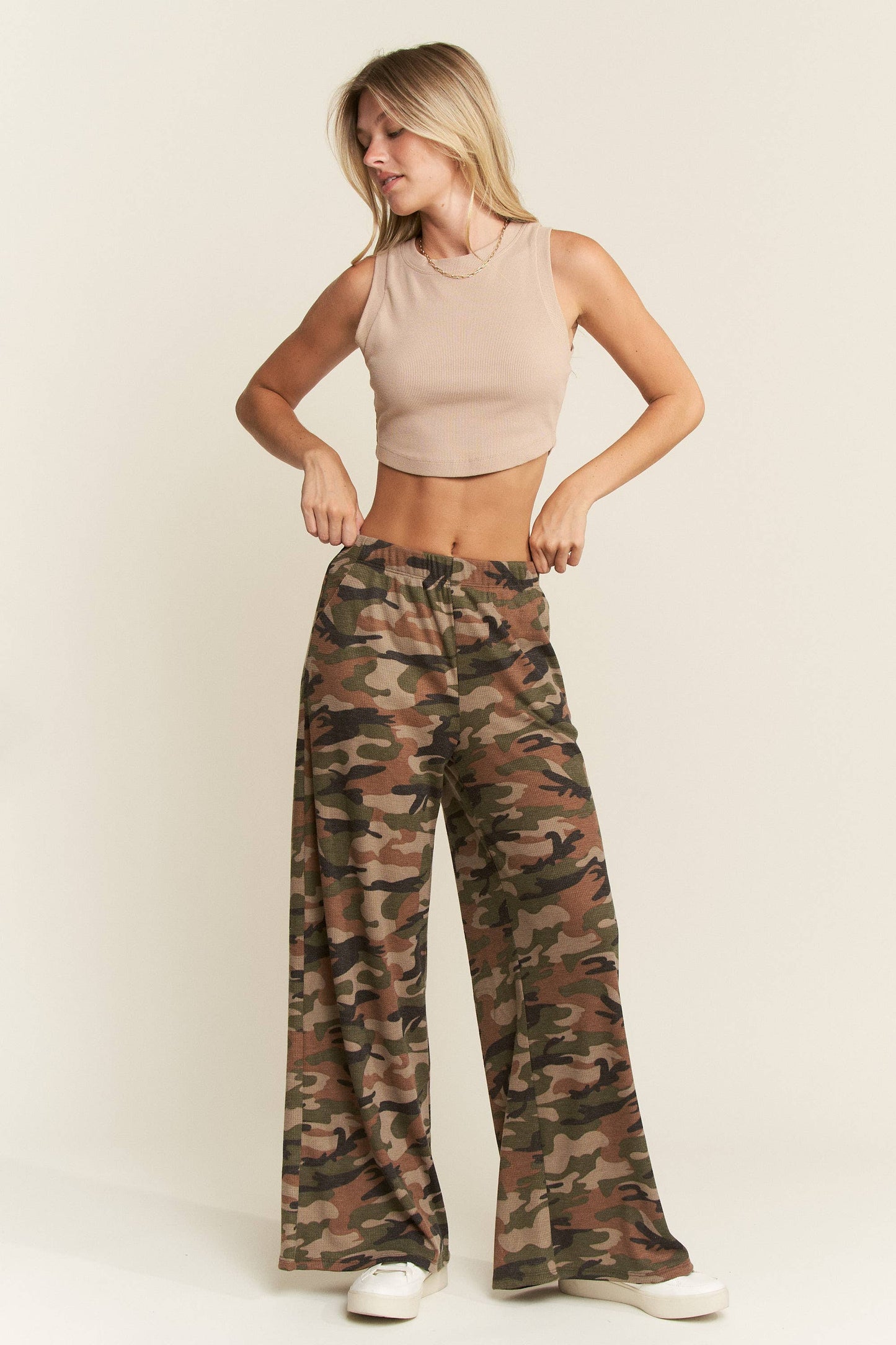 The Curvy Waffle Knit Wide Leg Camo Pants