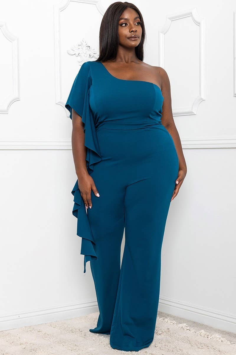 TEAL RUFFLE SIDE ONE SHOULDER PLUS SIZE JUMPSUIT