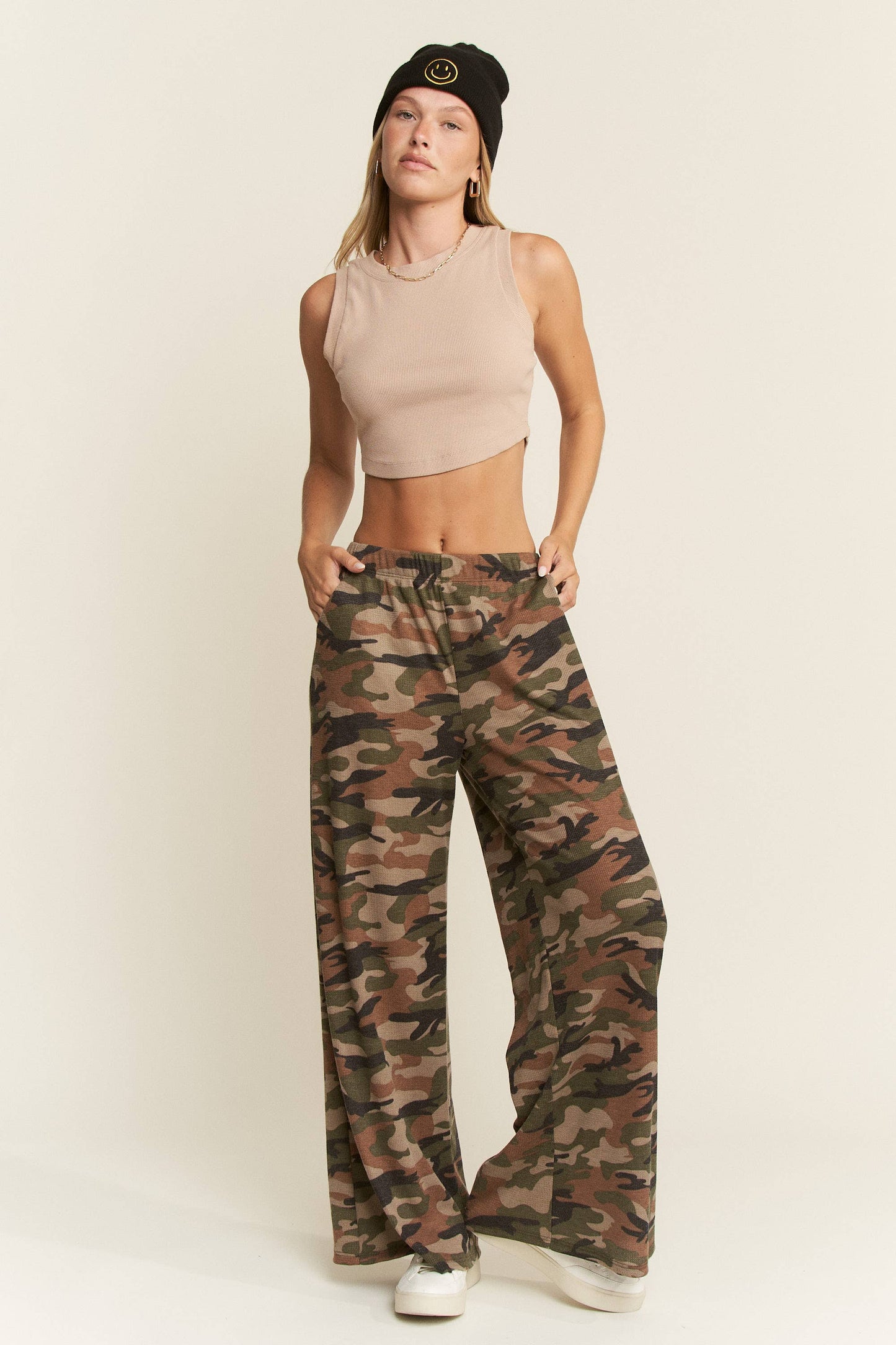 The Curvy Waffle Knit Wide Leg Camo Pants