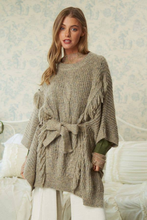 CURVY FRINGED TIE BELT FUZZY PONCHO PULLOVER TOP